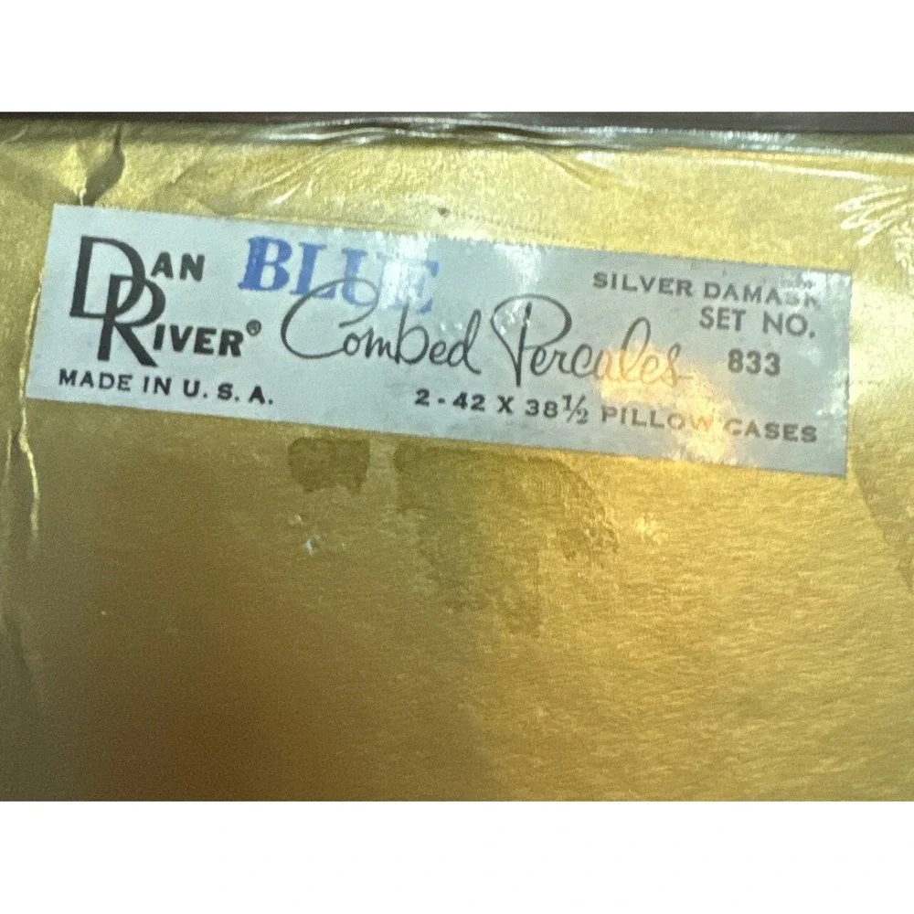 Vintage 60s Dan River Box Set 2 Pillowcases Blue Silver Star Damask Pattern USA‎